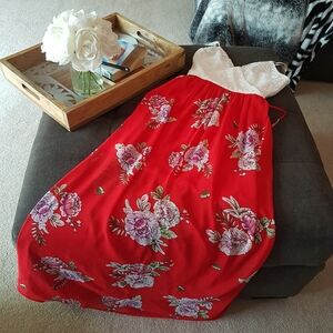 Lily Rose Maxi Red Floral Lace Bodice Wrap Dress